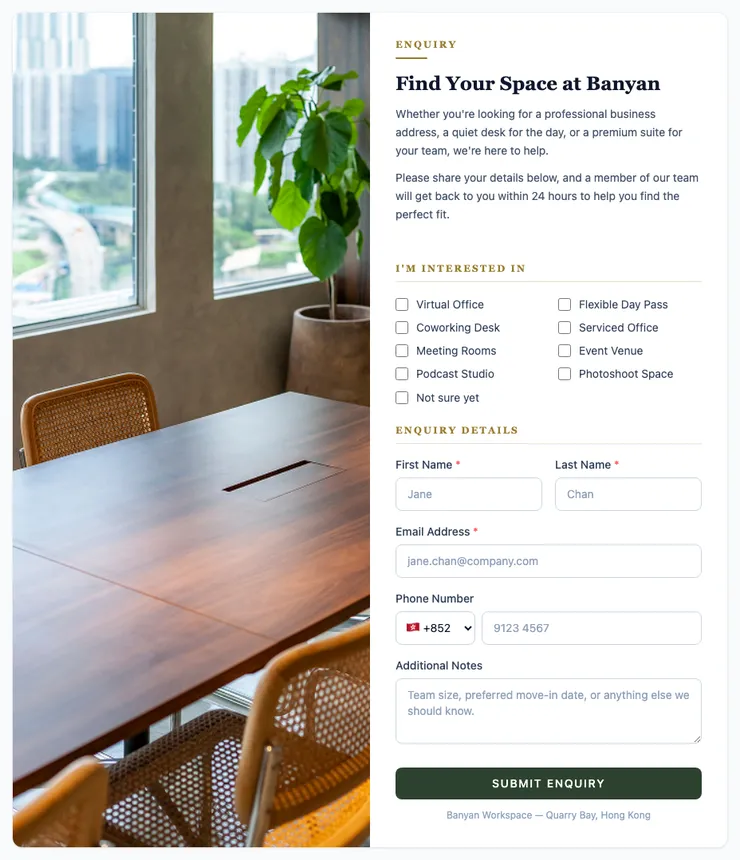 A published enquiry form in the two-column layout: a photograph of a meeting room on the left, and on the right the word ENQUIRY above the heading "Find Your Space at Banyan", an introduction, a grid of interest checkboxes, name, email and phone fields, and a dark green "Submit enquiry" button