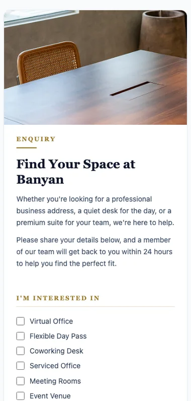 The same enquiry form on a phone: the photograph on top as a banner, then ENQUIRY, the heading, the introduction, and the interest checkboxes in a single column