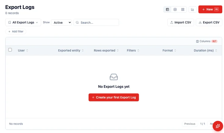 The Export Logs list: User, Exported entity, Rows exported, Filters, Format, Duration