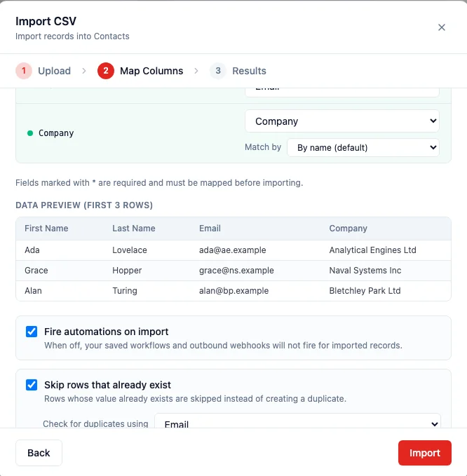 The import wizard with "Skip rows that already exist" switched on and "Check for duplicates using" set to Email, alongside the "Fire automations on import" toggle