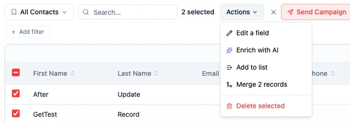 The Actions dropdown on a contact list, open with two rows selected, showing the "Merge 2 records" item