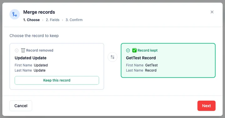Step 1 of the merge dialog: two cards labelled "Record kept" and "Record removed", with a Swap control between them