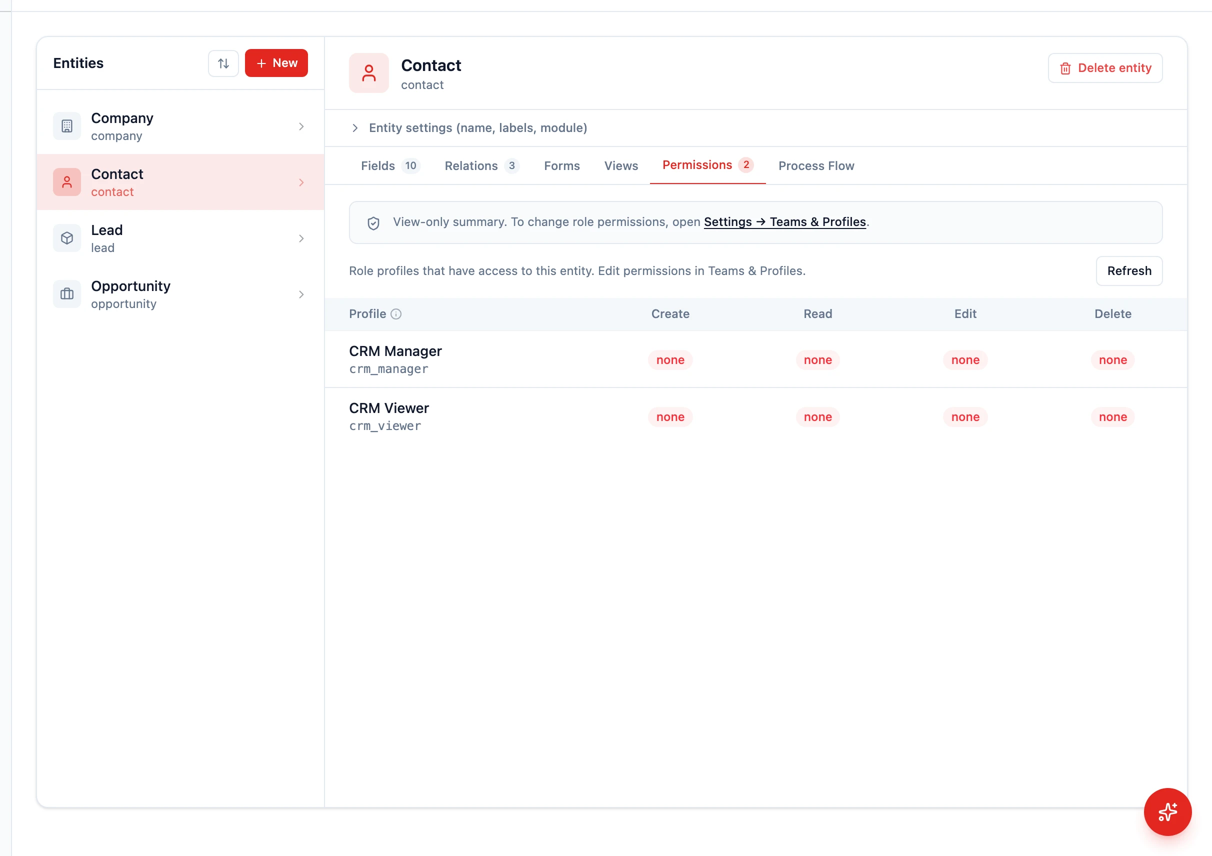 Schema Editor Permissions tab for the Contact entity