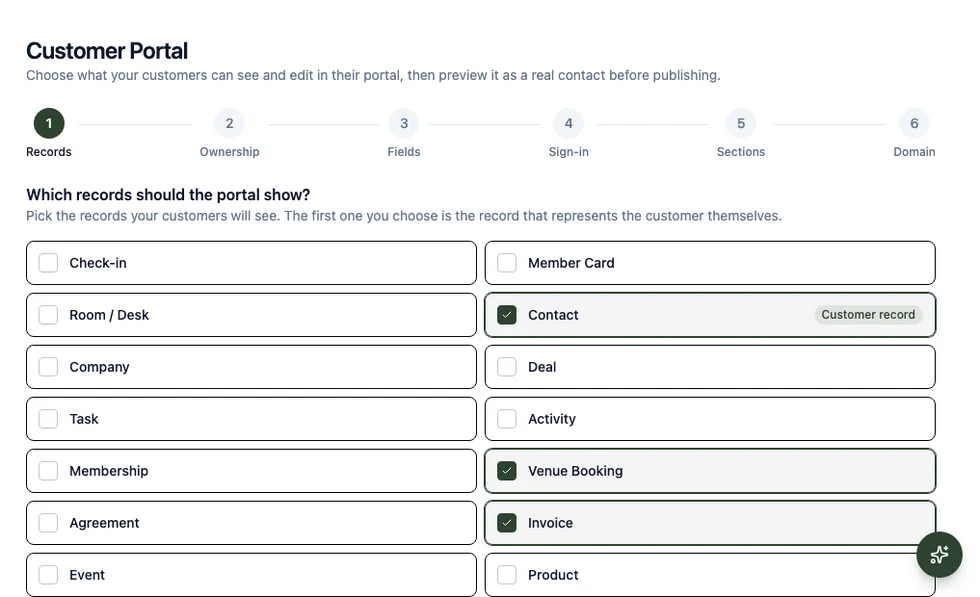 The Customer Portal setup wizard with the bookings record type and the customer record both selected, so signed-in customers can create and see their own bookings