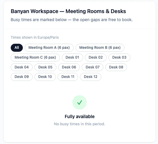 The customer availability calendar the booking slot picker is built on: rooms and desks as filters, with free time open to book and busy time clearly marked