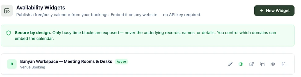 The Availability Widgets settings page showing the bookings widget marked Active, with a note that only busy time blocks are exposed
