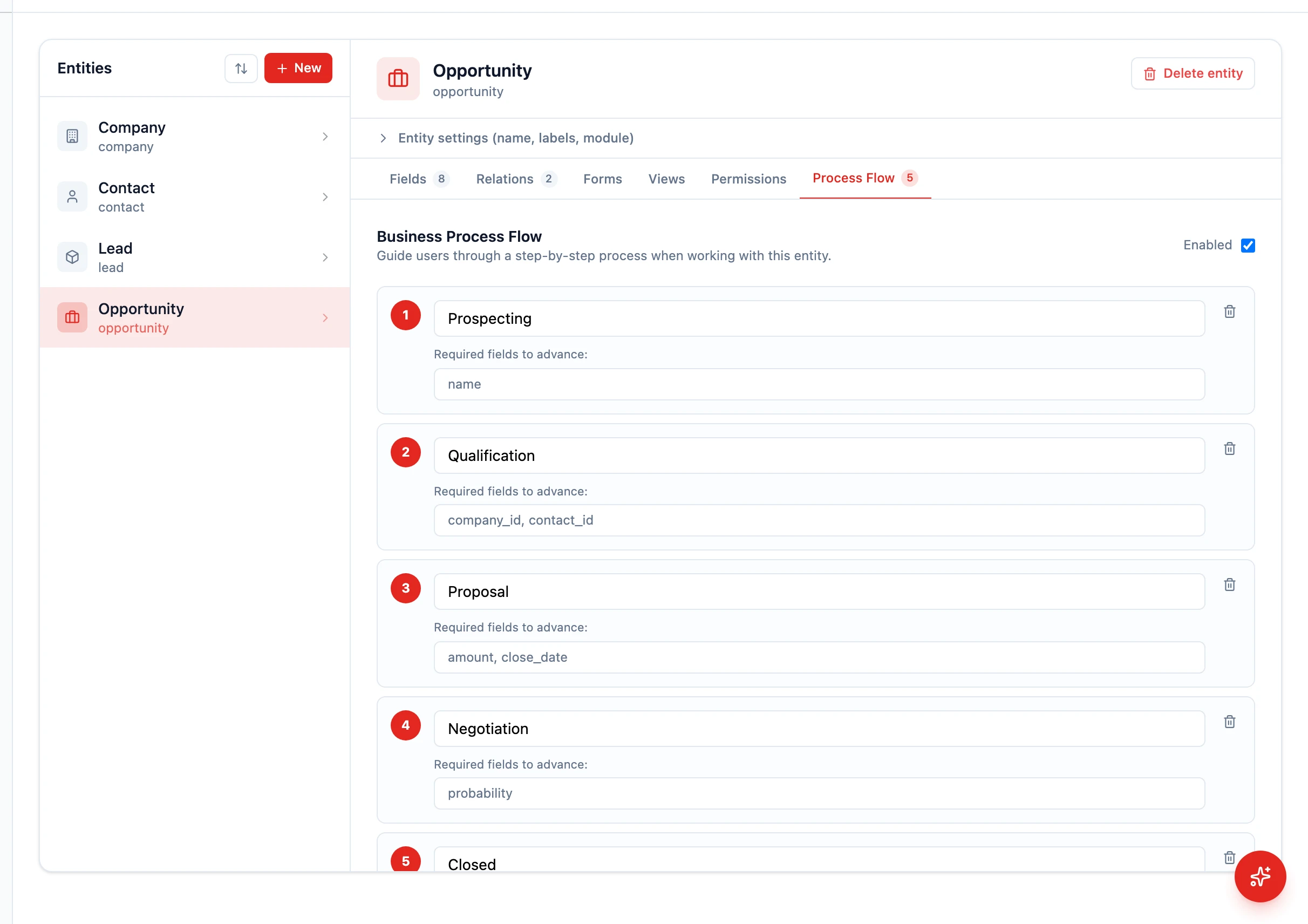 Process Flow editor showing per-stage required fields entered as comma-separated machine names