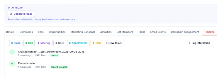 The Timeline tab on a contact, with Email, Call, Meeting, Note, Appointment, Task and New Tasks buttons next to Log interaction