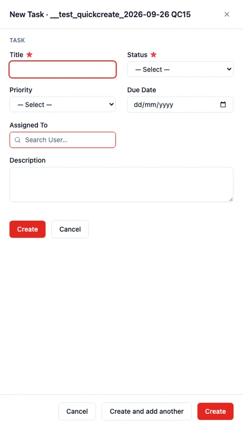 The New Task side panel, with Title, Status, Priority, Due Date, Assigned To and Description, plus Create, Cancel, and Create and add another