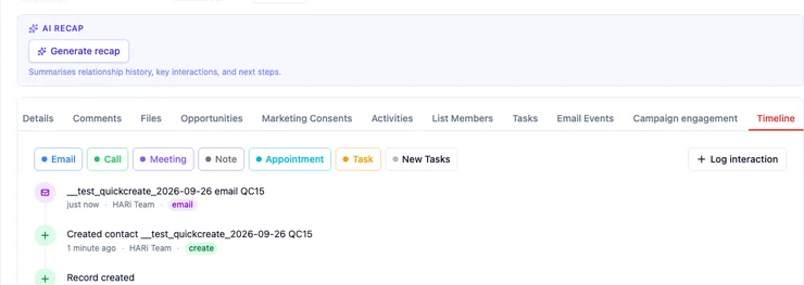 The Timeline after an email was logged: an email row sits above the record-created events, with the Email, Call and Meeting buttons still on the tab