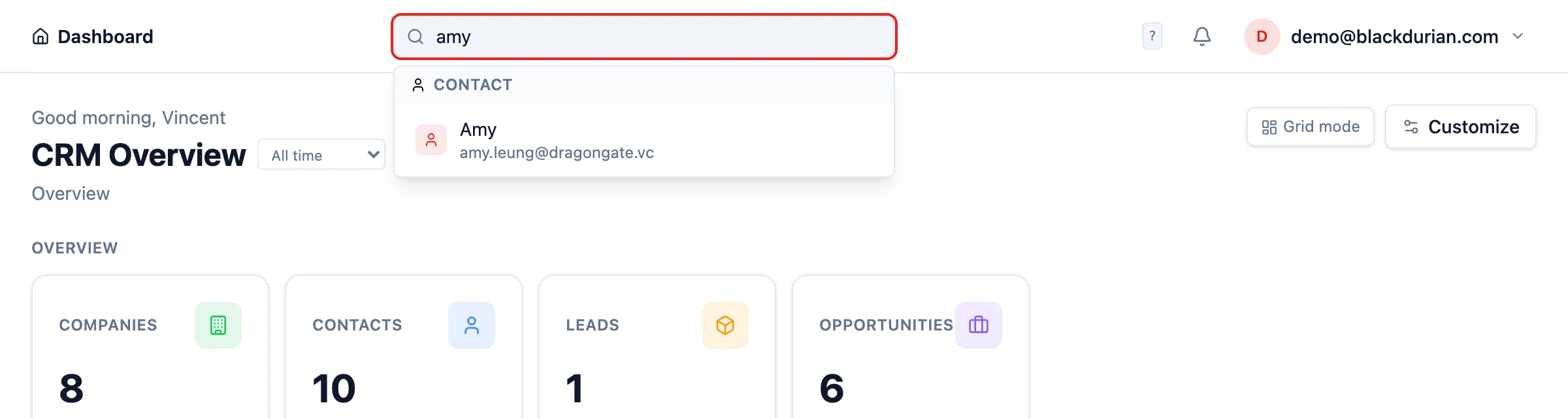 Top-bar search showing grouped contact results for the query 'amy'