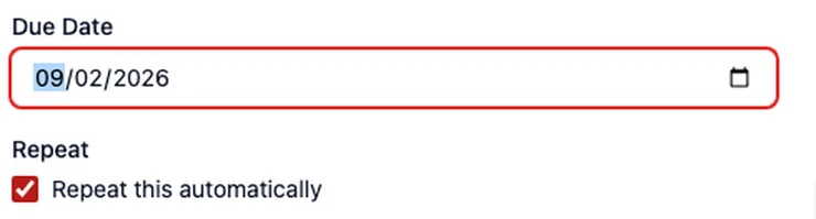 The Repeat control on a task form, directly under Due Date: a tickbox labelled Repeat this automatically