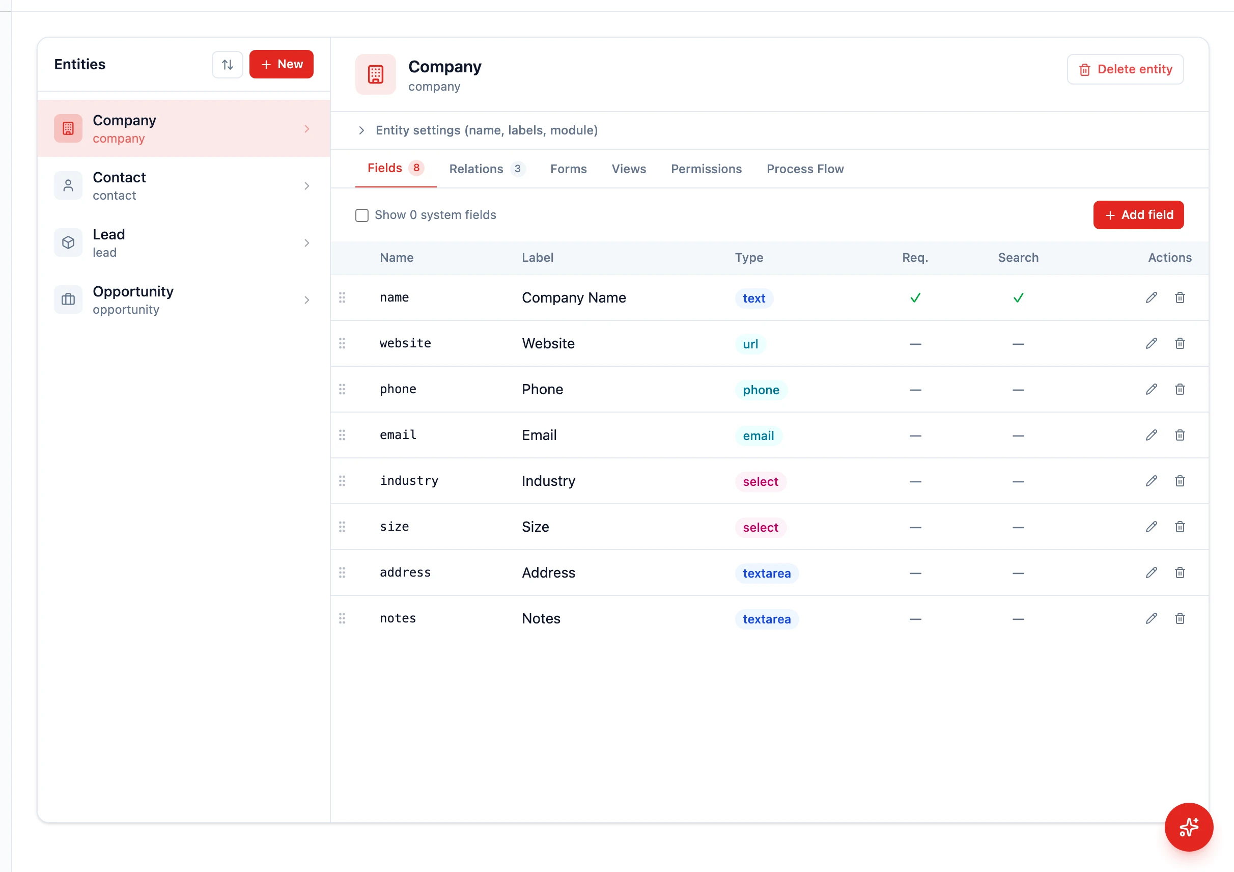 Schema Editor with the entity list and Fields tab