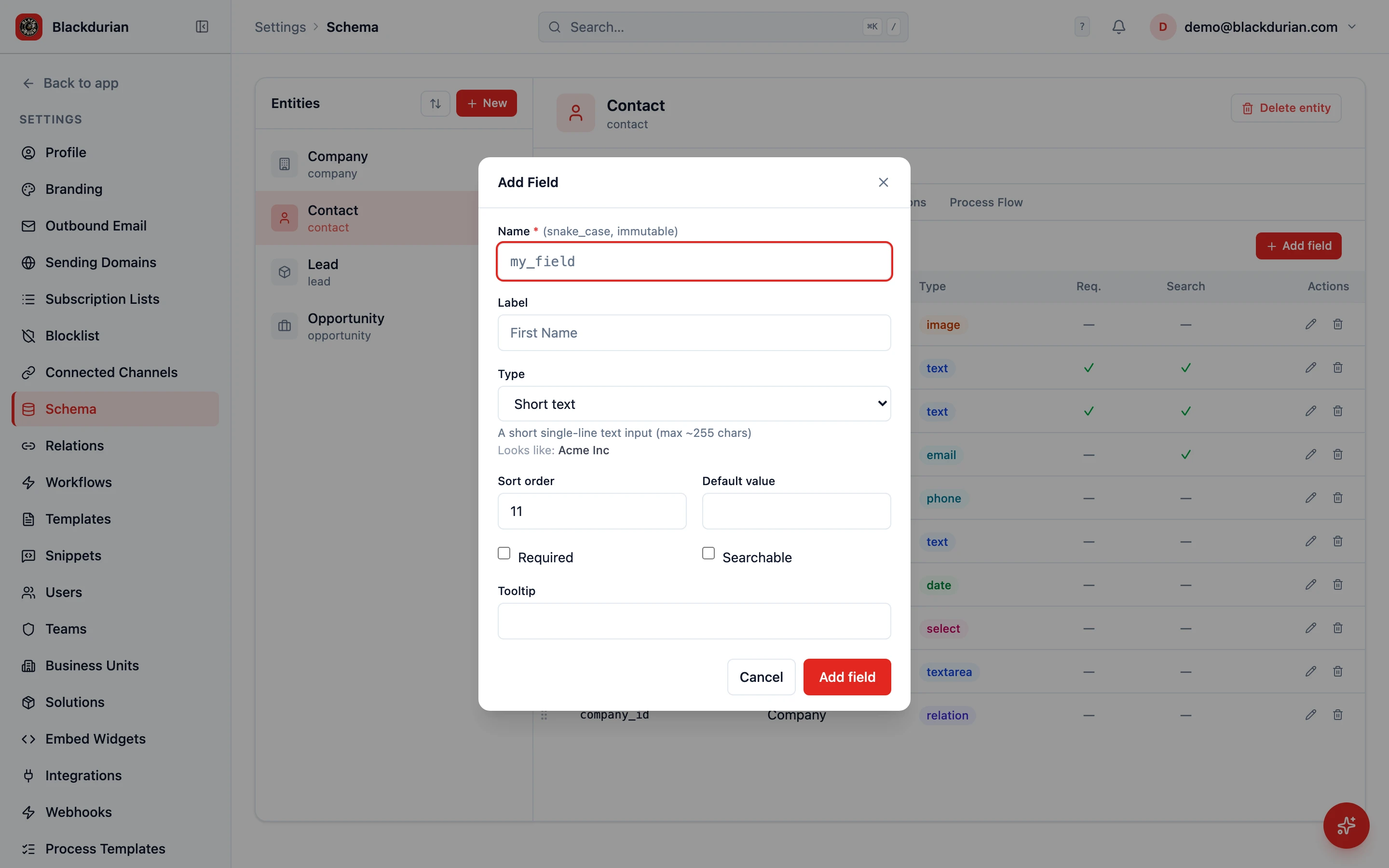 Add Field dialog in the Schema Editor showing the Type dropdown defaulted to Short text