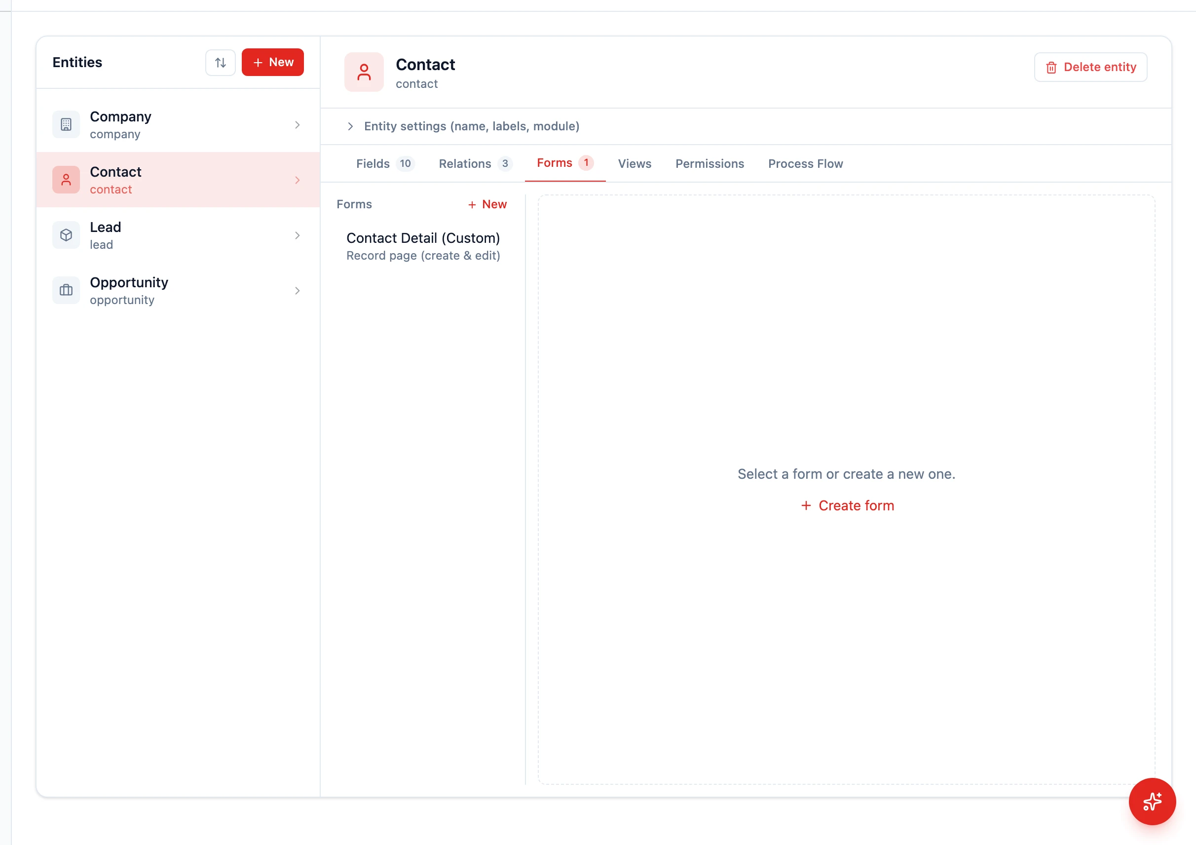 Schema Editor with the Forms tab open for the Contact entity