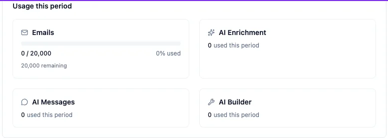 The Usage this period panel in Billing showing four side-by-side meters — Emails at 0 of 20,000, AI Enrichment, AI Messages, and AI Builder — all drawing from the same period