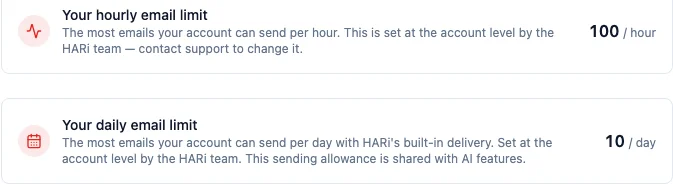 The Outbound Email settings page showing two cards: an hourly email limit of 100 per hour, and a daily email limit of 10 per day with the note that this sending allowance is shared with AI features