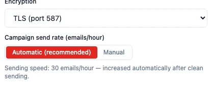 The Connect SMTP sender dialog showing the Campaign send rate control set to Automatic (recommended), with the earned-speed line reading "Sending speed: 30 emails/hour — increased automatically after clean sending"