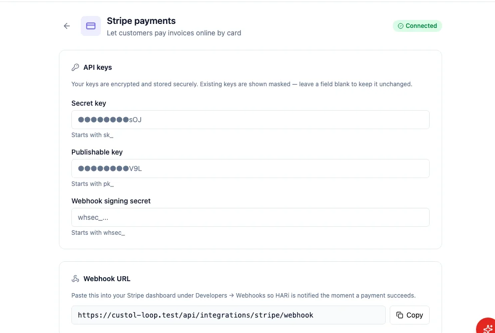 The Stripe integration settings showing a "Connected" badge, masked API-key fields, and the webhook URL to paste into the Stripe dashboard