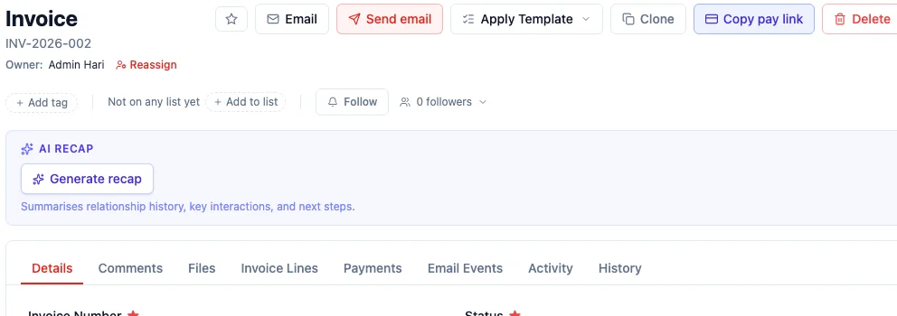 An invoice record with a highlighted "Copy pay link" button in the action bar, alongside Email, Clone, and Delete