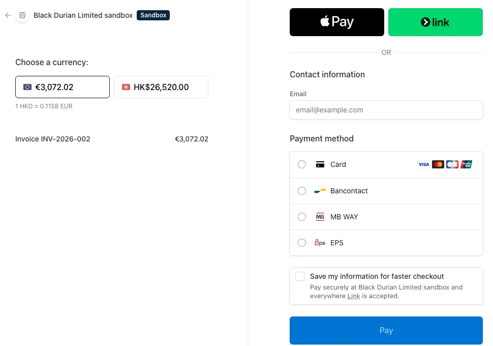 The Stripe hosted checkout page for an invoice, showing the amount, the business name, and card, Apple Pay, and other payment options