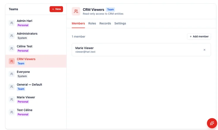 The Teams page with CRM Viewers selected, showing one member and tabs for Members, Roles, Records, and Settings