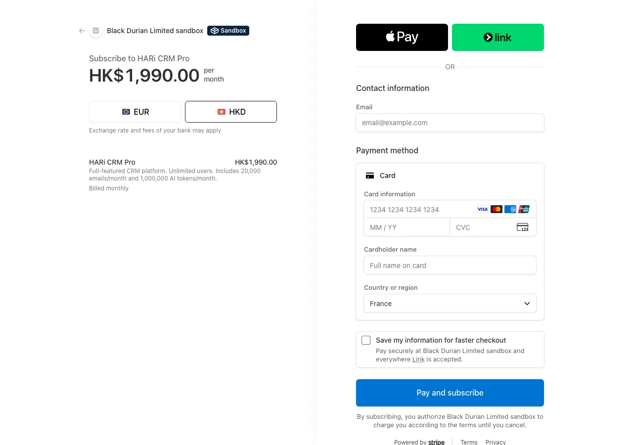Stripe TEST MODE hosted checkout with a Sandbox badge, HK$1,990.00 per month for HARi CRM Pro, and an empty card form — card number, expiry, CVC, and cardholder name unfilled