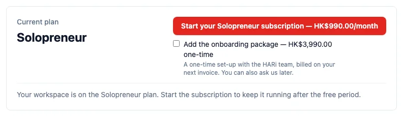 The Current plan card reading Solopreneur, with a Start your Solopreneur subscription — HK$990.00/month button and an unticked onboarding-package box beneath it