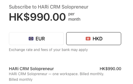 Stripe hosted checkout for HARi CRM Solopreneur at HK$990.00 per month, billed monthly