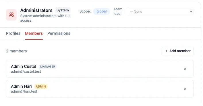 The Administrators team in Settings > Teams with the Members tab open, listing each member with their role badge and email address, an Add member button, and a remove control on each row