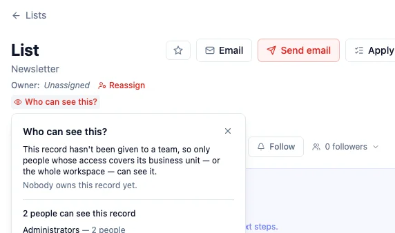 The Who can see this popover on a Newsletter list: two people can see it, listed as Administrators