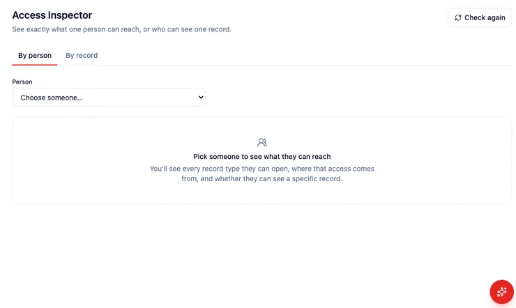 Access Inspector with By person selected: choose someone to see what they can reach, or switch to By record