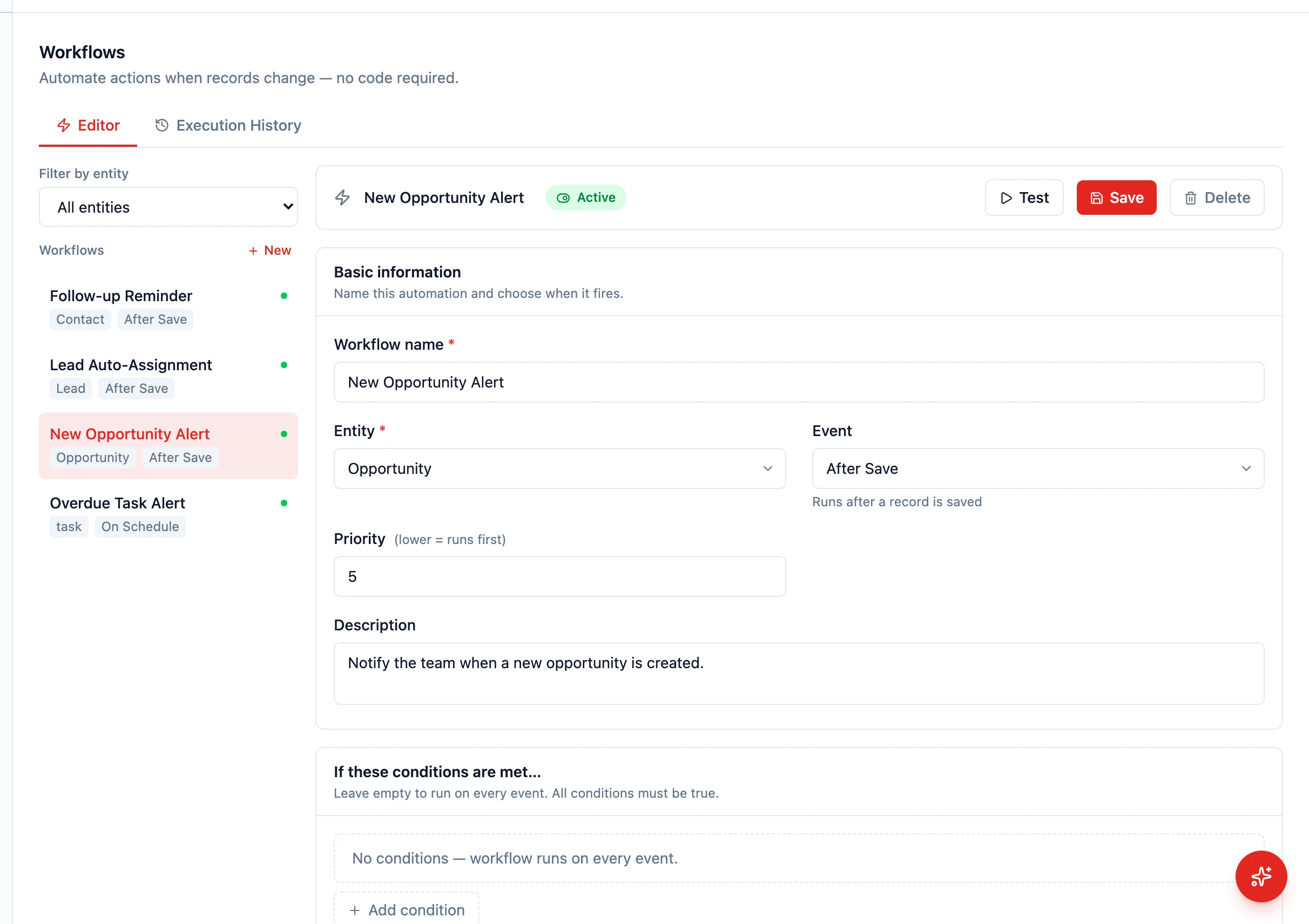 Workflow editor with WHEN/IF/THEN structure for an Opportunity After-Save automation