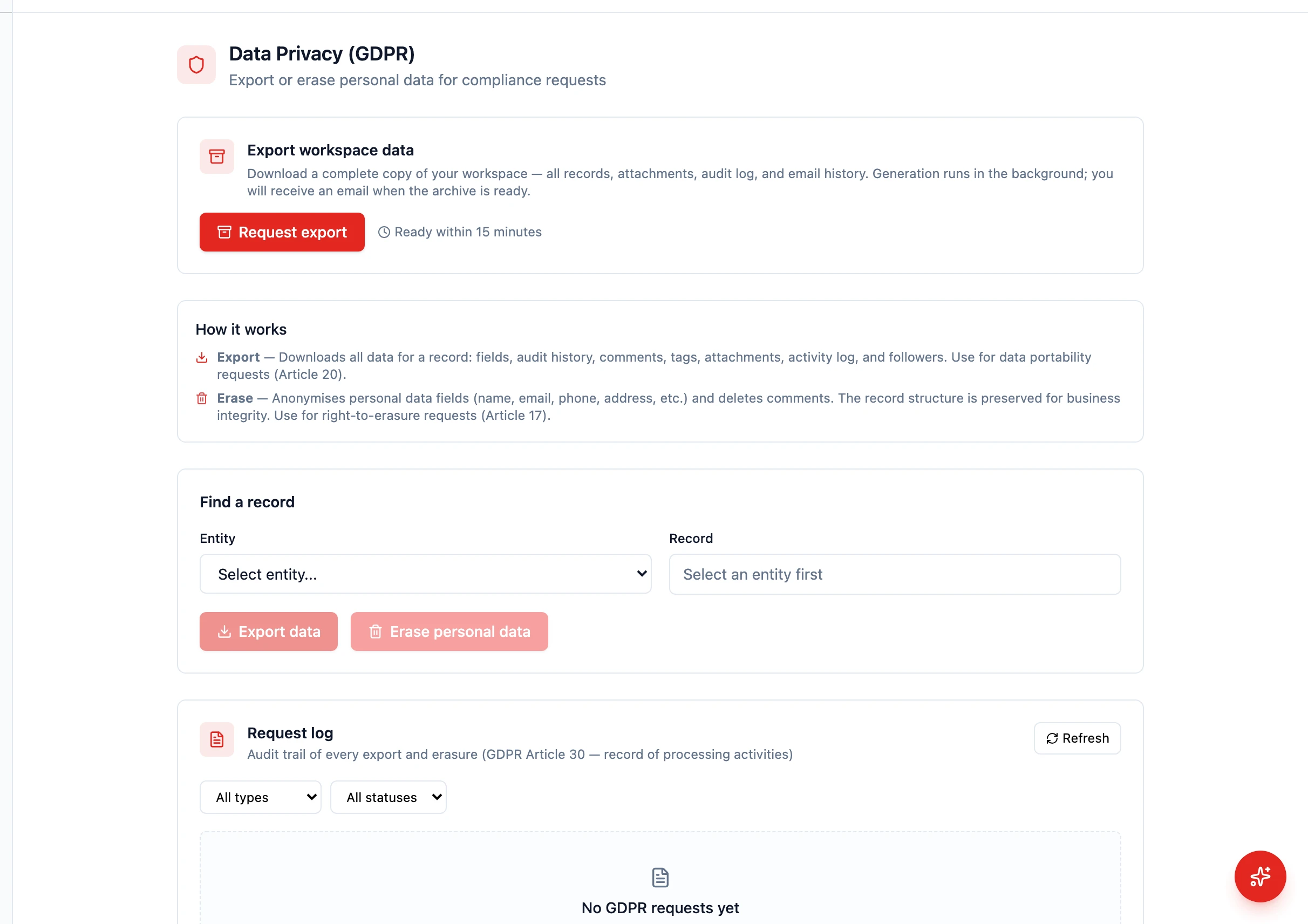 The Export workspace data card on the Data Privacy page, with the Request export button